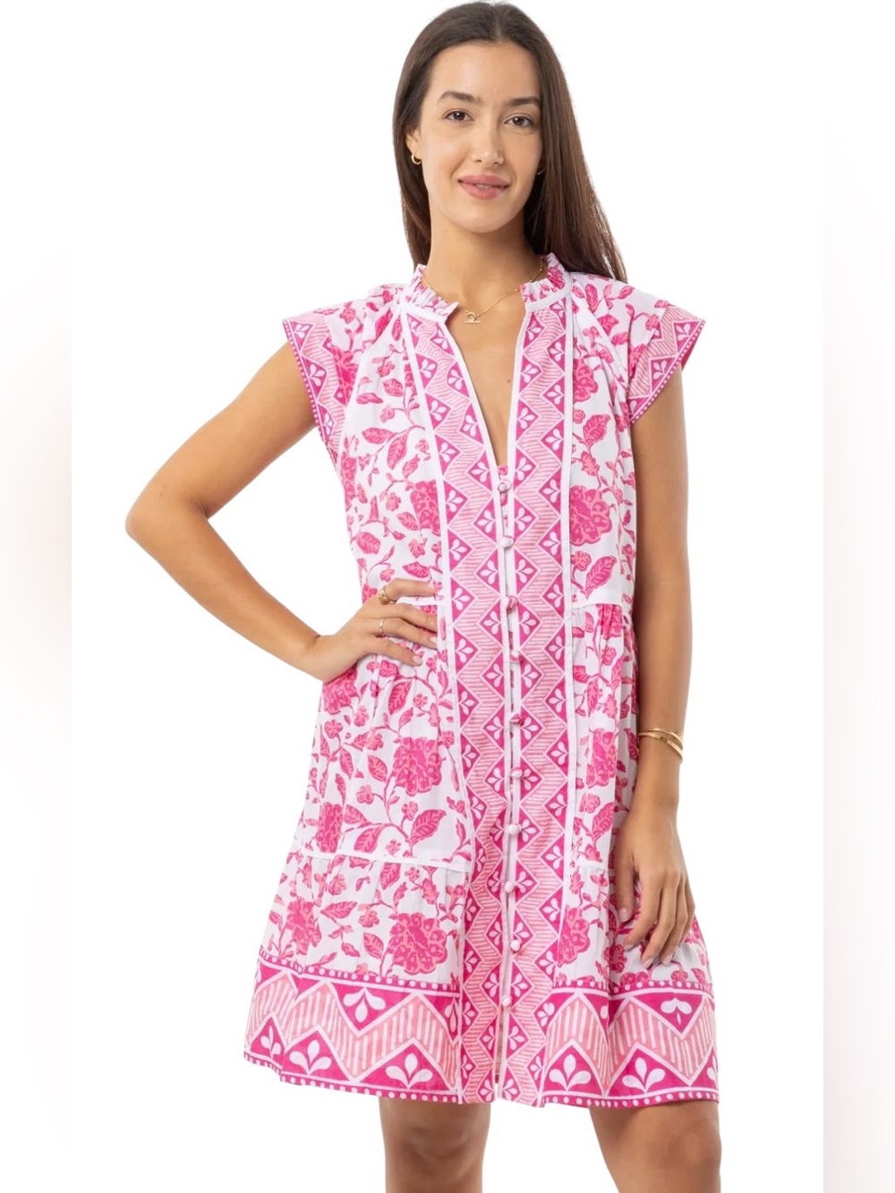 EUC Bindu Pink Floral Cap Sleeve Mini Dress Womens XS / SM Boho Resort Vacation